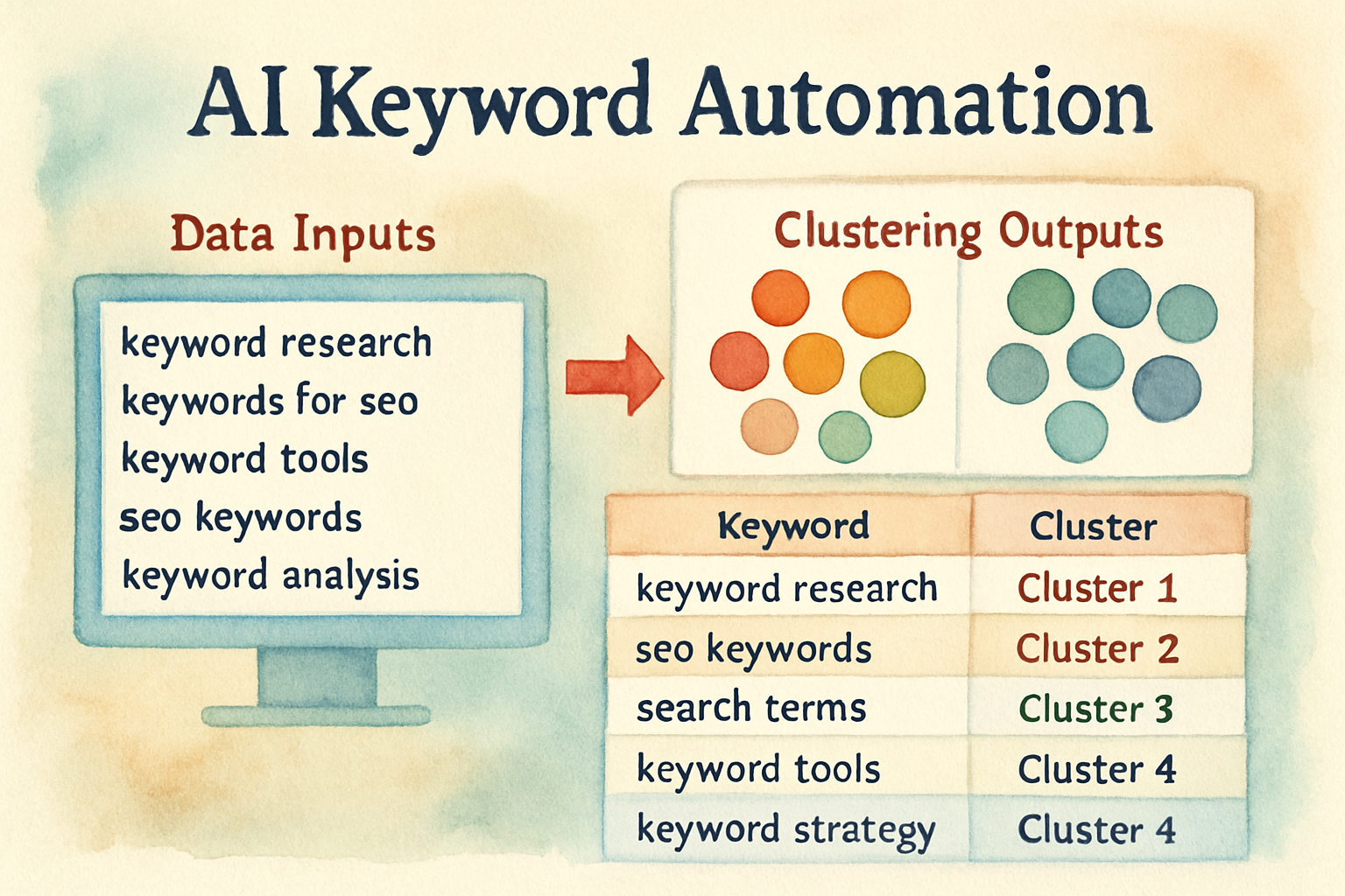 Screenshot of an AI keyword automation dashboard showing data inputs and clustering outputs. Alt: AI based keyword research automation dashboard with keyword analysis and grouping insights.