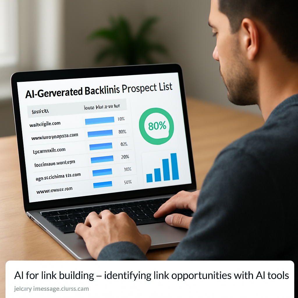 A modern digital marketer reviewing AI‑generated backlink prospect list on a laptop, with charts and icons indicating relevance scores. Alt: AI for link building – identifying link opportunities with AI tools.