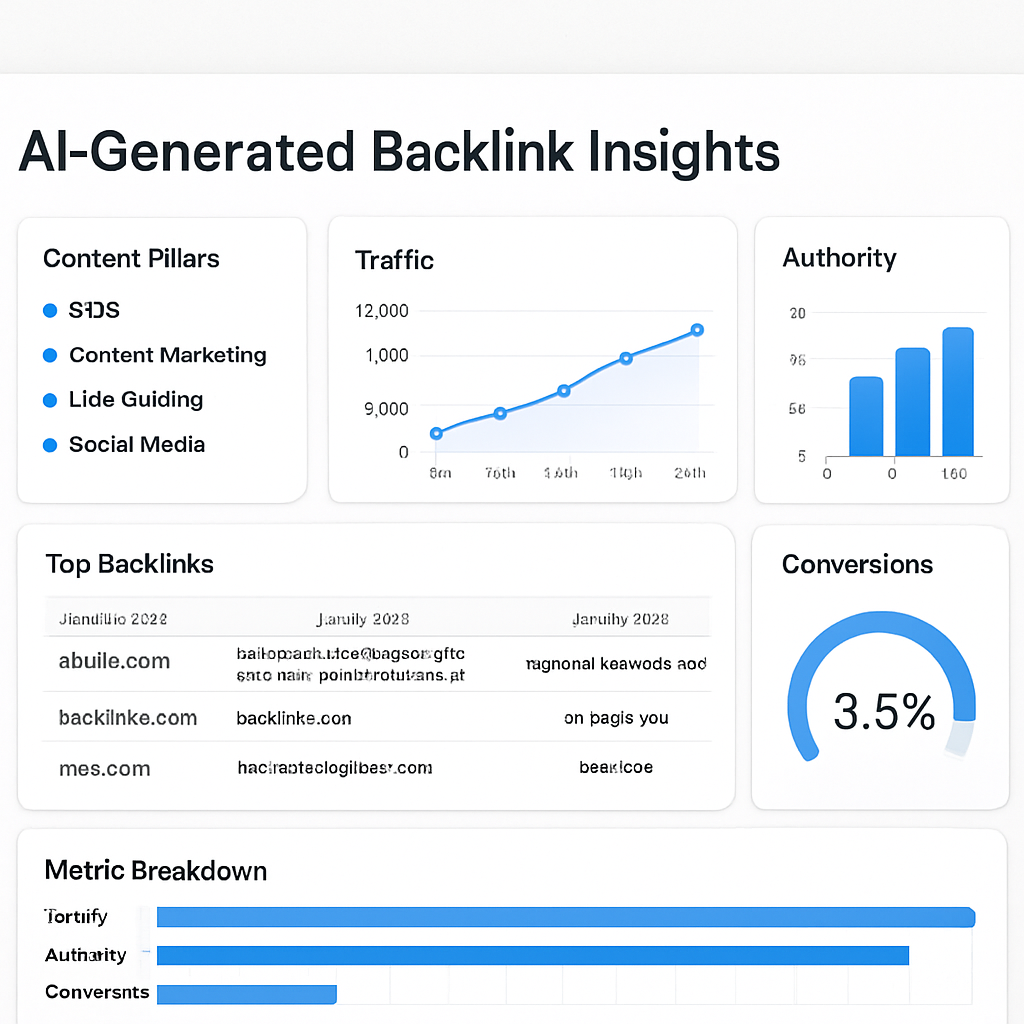 A dashboard showing AI‑generated backlink insights linked to content pillars, with charts of traffic, authority, and conversion metrics. Alt: AI for link building dashboard integrating backlink data with SEO strategy metrics.