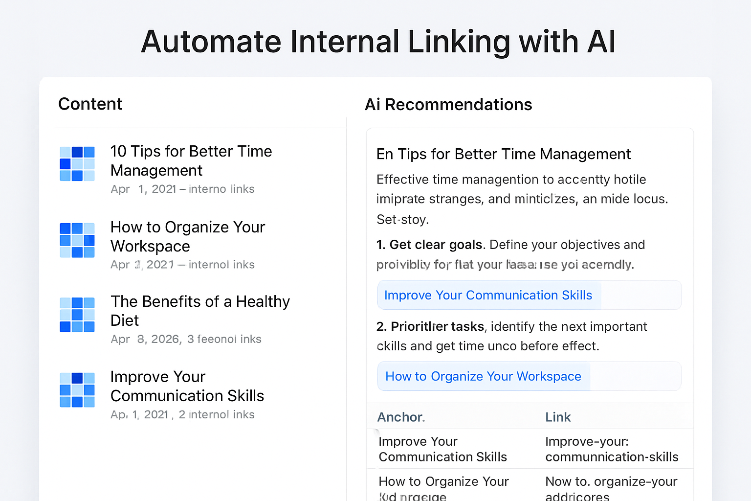 Screenshot of AI internal linking dashboard with content and recommendations. Alt: automate internal linking with AI interface example.