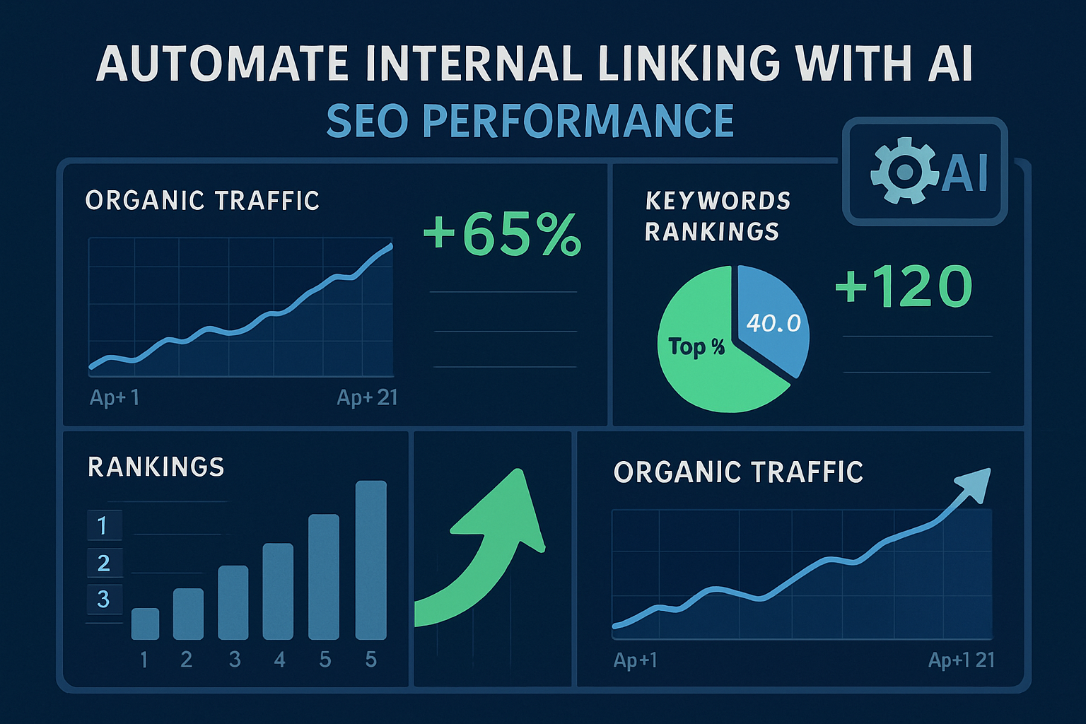 Data dashboard showing organic traffic and rankings improvement. Alt: automate internal linking with AI SEO performance metrics.