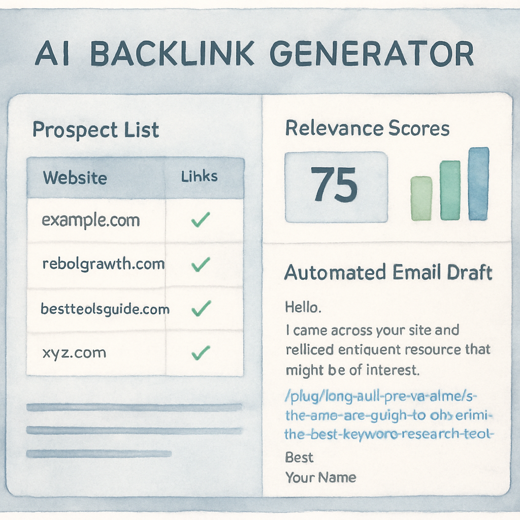A sleek dashboard view of an AI backlink generator showing prospect list, relevance scores, and automated email drafts. Alt: AI backlink generator interface with analytics and outreach automation