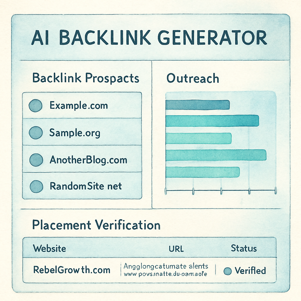 A sleek AI dashboard visualizing backlink prospects, outreach status, and placement verification. Alt: AI backlink generator dashboard showing prospect list and outreach timeline.