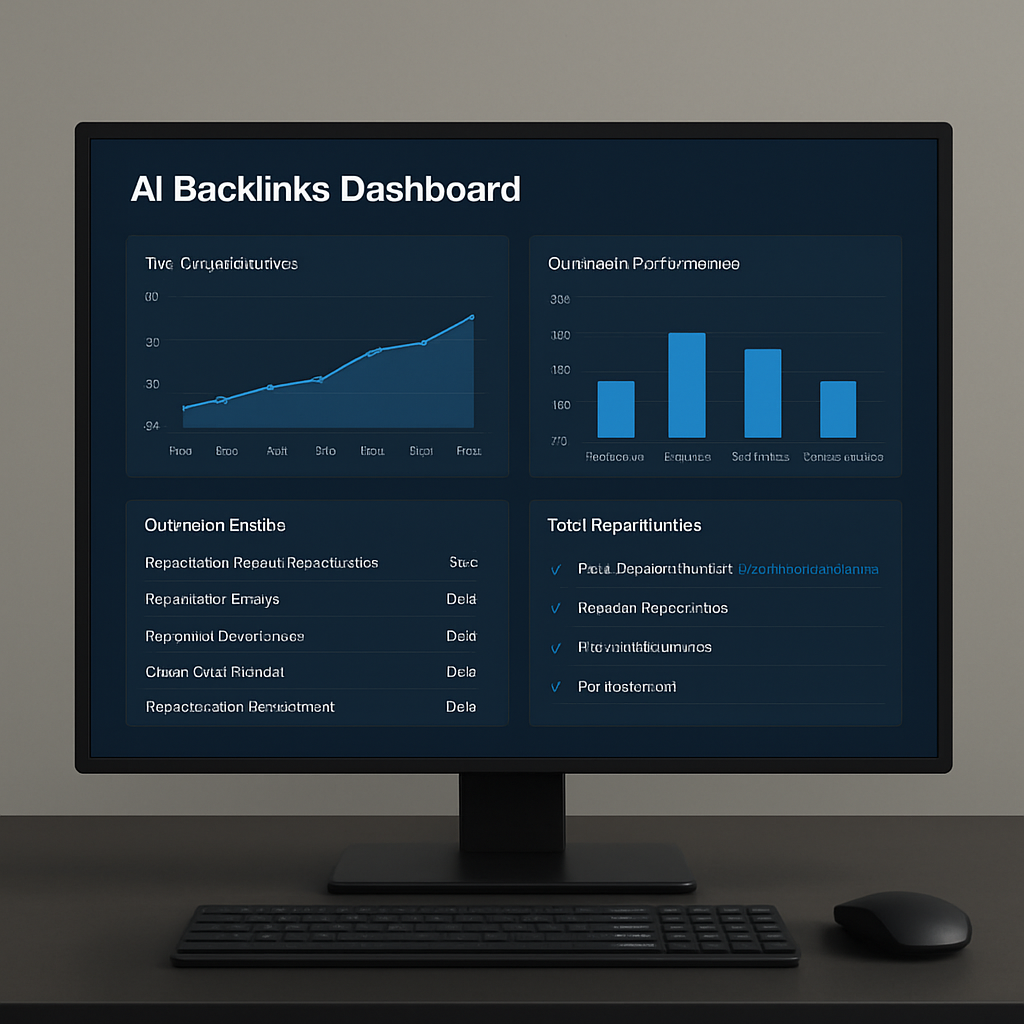 A sleek computer screen displaying an AI backlinks dashboard with charts and a list of outreach emails. Alt: AI backlinks generator dashboard showing link opportunities and outreach performance metrics.