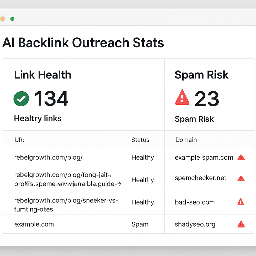 A dashboard view showing AI‑generated backlink outreach stats, with green check marks for healthy links and red warnings for spam‑risk domains. Alt: AI backlinks generator monitoring dashboard showing link health and spam risk indicators.