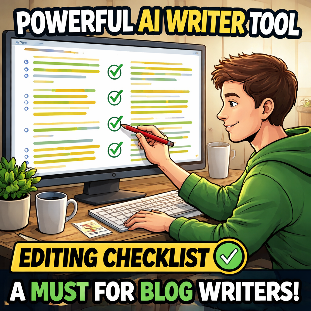 An AI‑generated illustration of a writer reviewing a screen filled with highlighted text and checkmarks, showing the editing workflow. Alt: AI blog writer tool editing checklist visual.