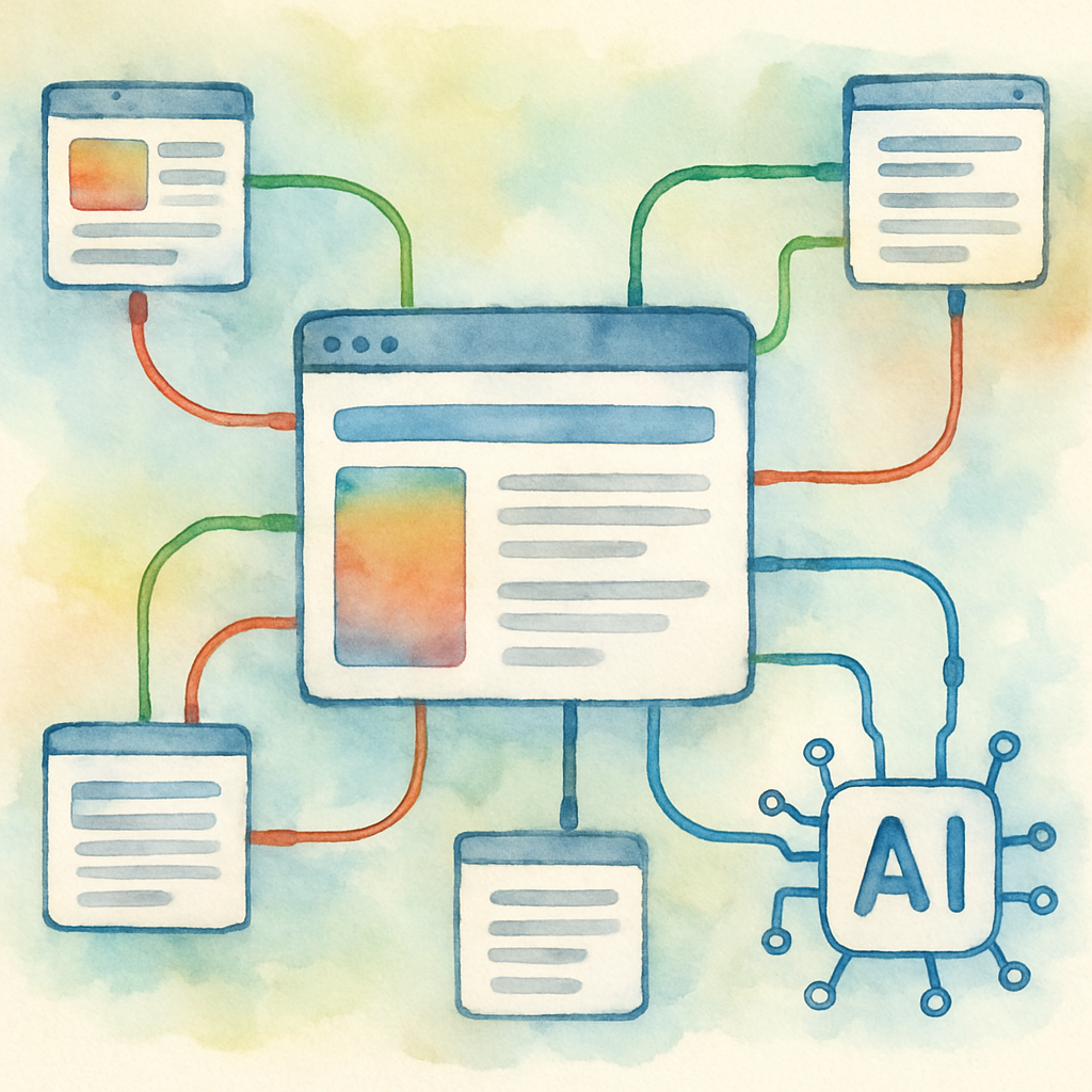 Illustration of a website’s pages connected by lines, representing AI-driven internal linking automation. Alt: AI internal linking tool visualizing website page connections for SEO optimization.