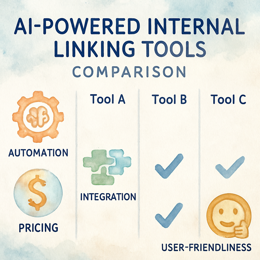 An infographic showing AI-powered internal linking tools comparison with icons representing automation, integration, pricing, and user-friendliness. Alt: AI internal linking tool comparison infographic summary.