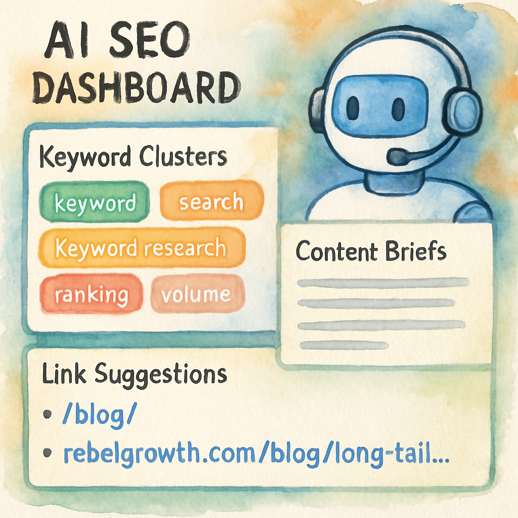 An AI-powered SEO dashboard showing keyword clusters, content briefs, and link suggestions. Alt: ai seo agent feature overview illustration