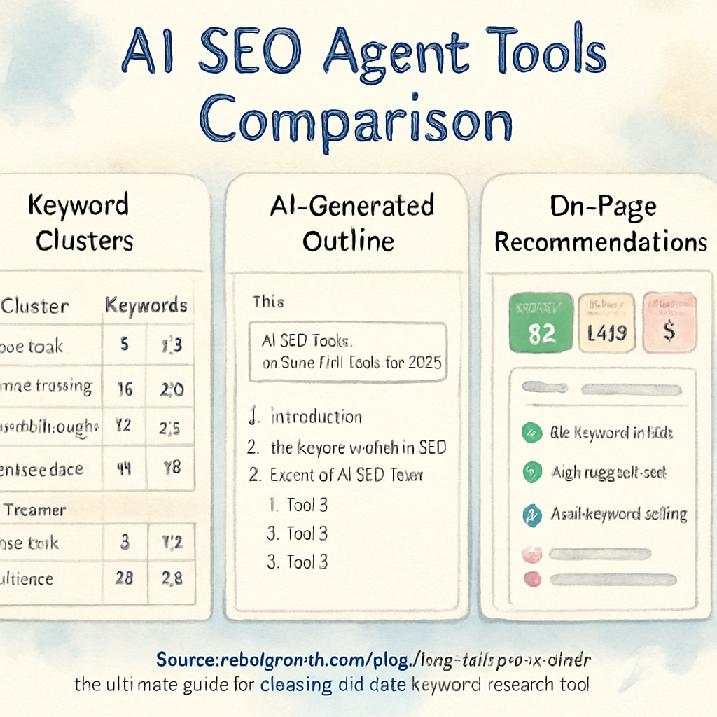 A clean dashboard showing side‑by‑side comparisons of keyword clusters, AI‑generated outlines, and on‑page recommendations. Alt: ai seo agent tools comparison dashboard with metrics and screenshots of each platform.