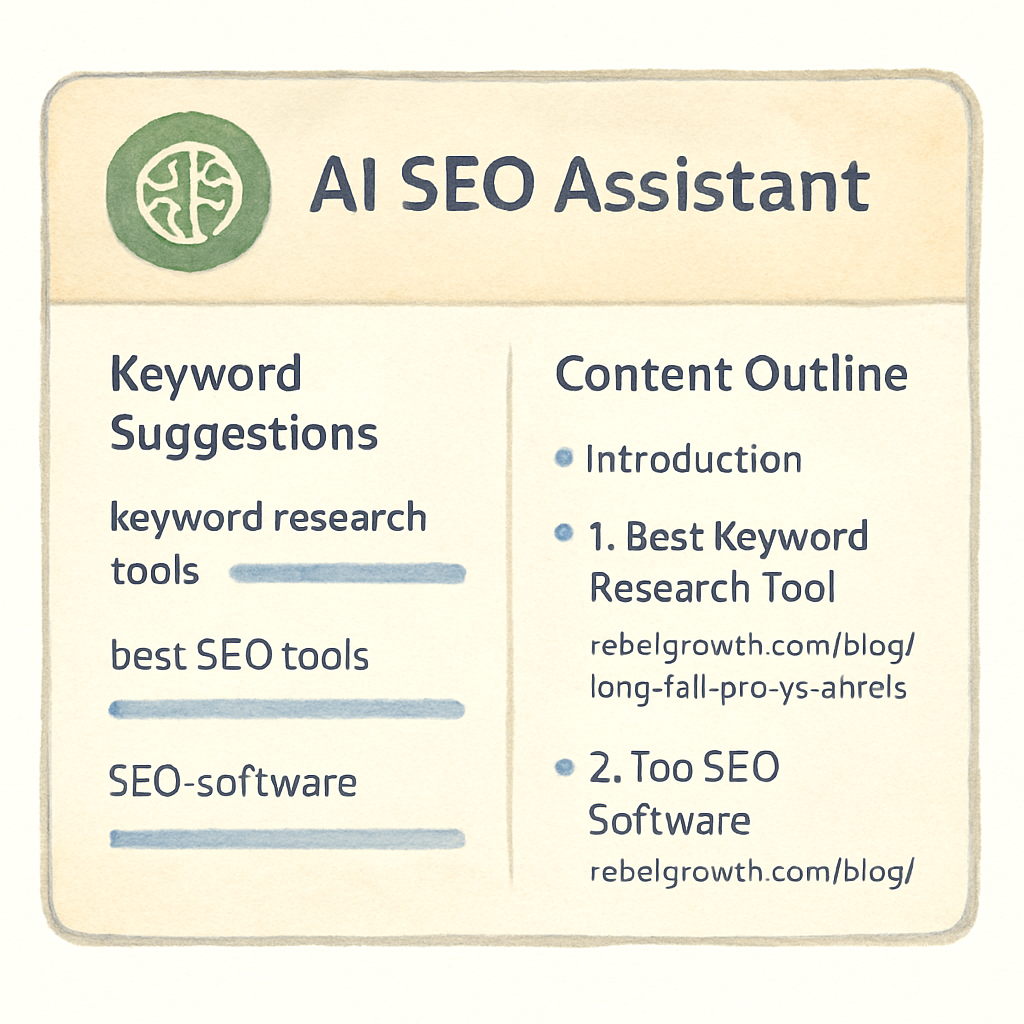 An AI-powered dashboard showing keyword suggestions and content outlines for a blog post. Alt: ai seo assistant for blog growth dashboard displaying keyword ideas and content outlines.