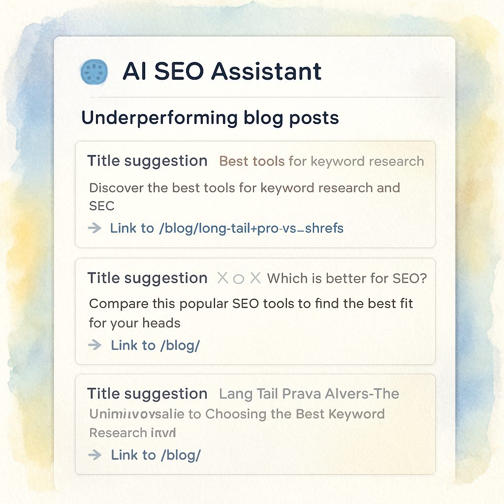 An AI dashboard highlighting underperforming blog posts with suggested title, meta description, and internal link recommendations. Alt: ai seo assistant suggesting optimizations for existing blog articles