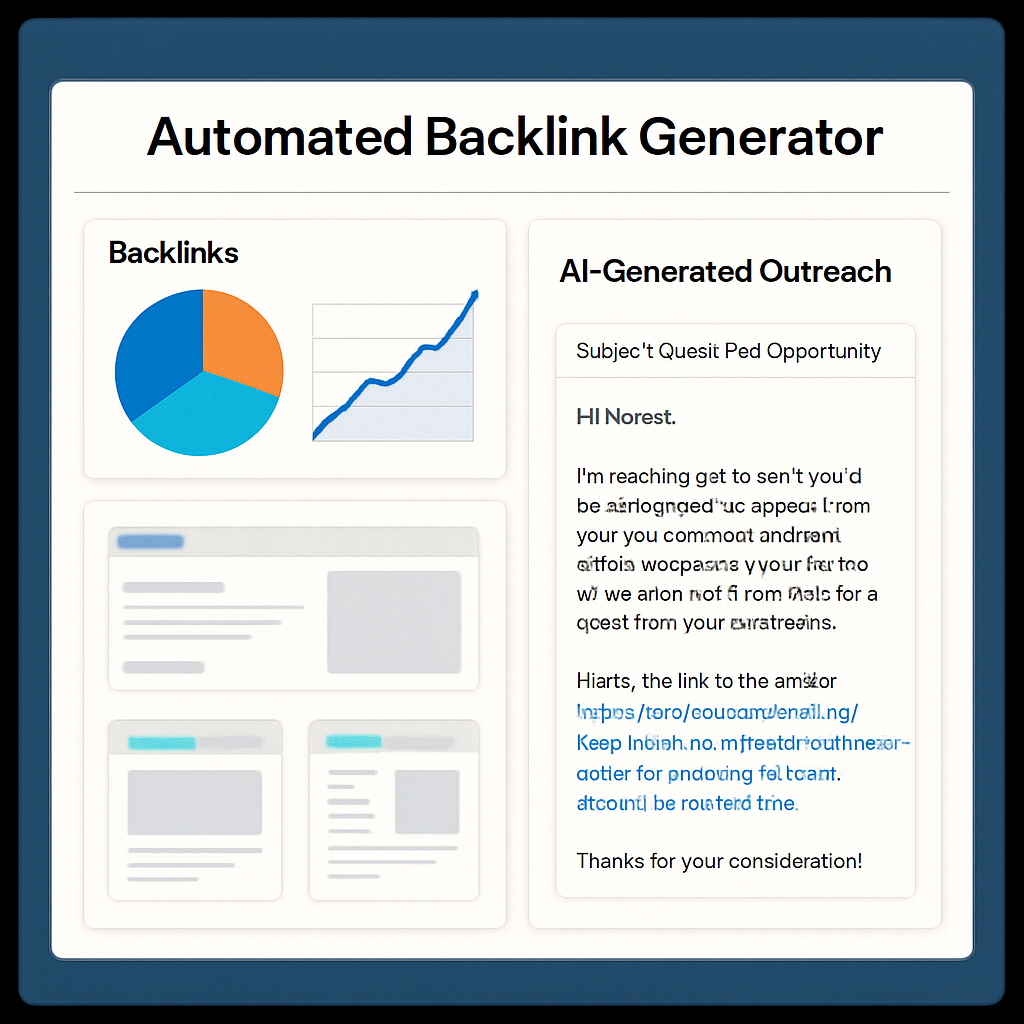 A modern dashboard showing an automated backlink generator workflow, with charts, site thumbnails, and AI‑generated outreach templates. Alt: automated backlink generator workflow illustration.