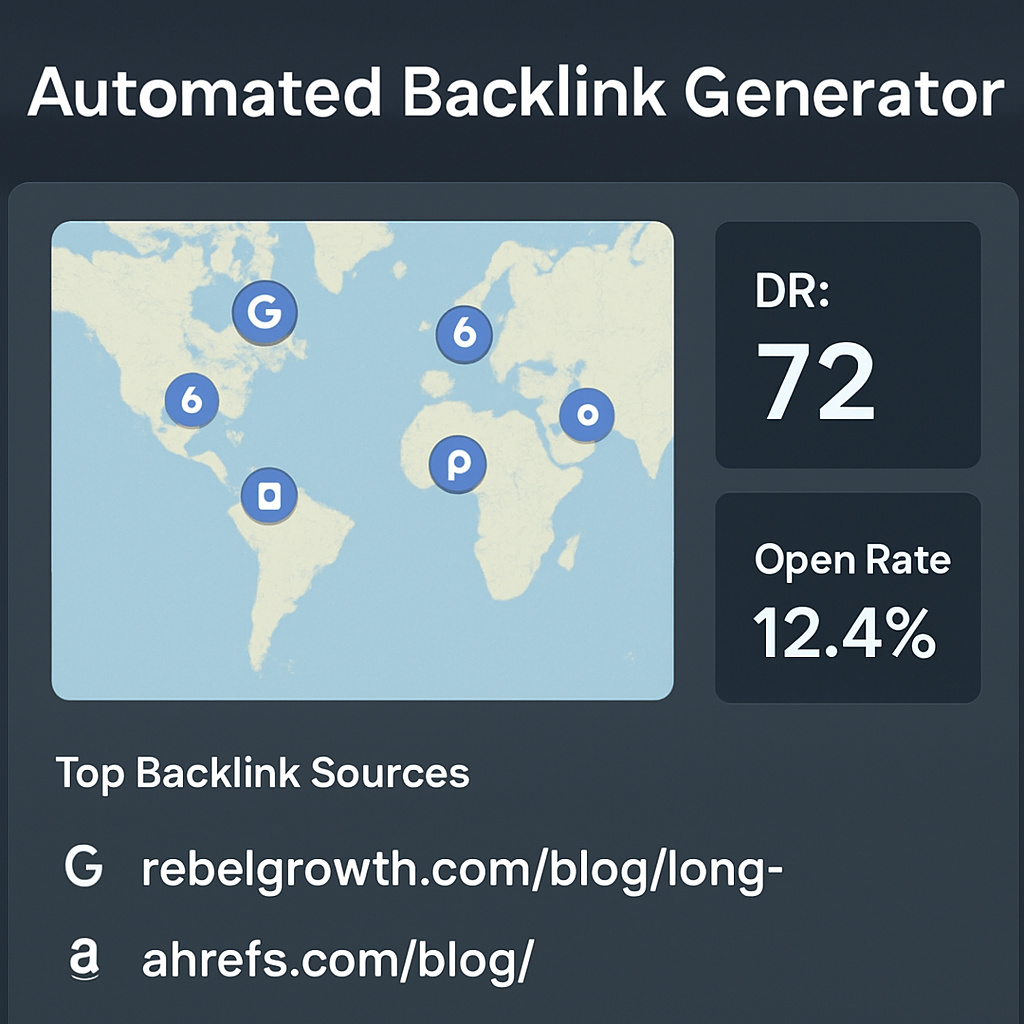 A modern UI dashboard showing a map of backlink sources, with icons representing high‑authority sites and metrics like DR and open‑rate. Alt: Automated backlink generator feature overview dashboard visual.