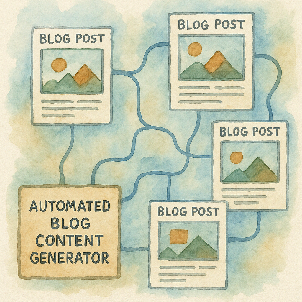 AI-generated illustration showing interconnected blog posts forming a content network. Alt: automated blog content generator creating SEO-optimized articles with images.