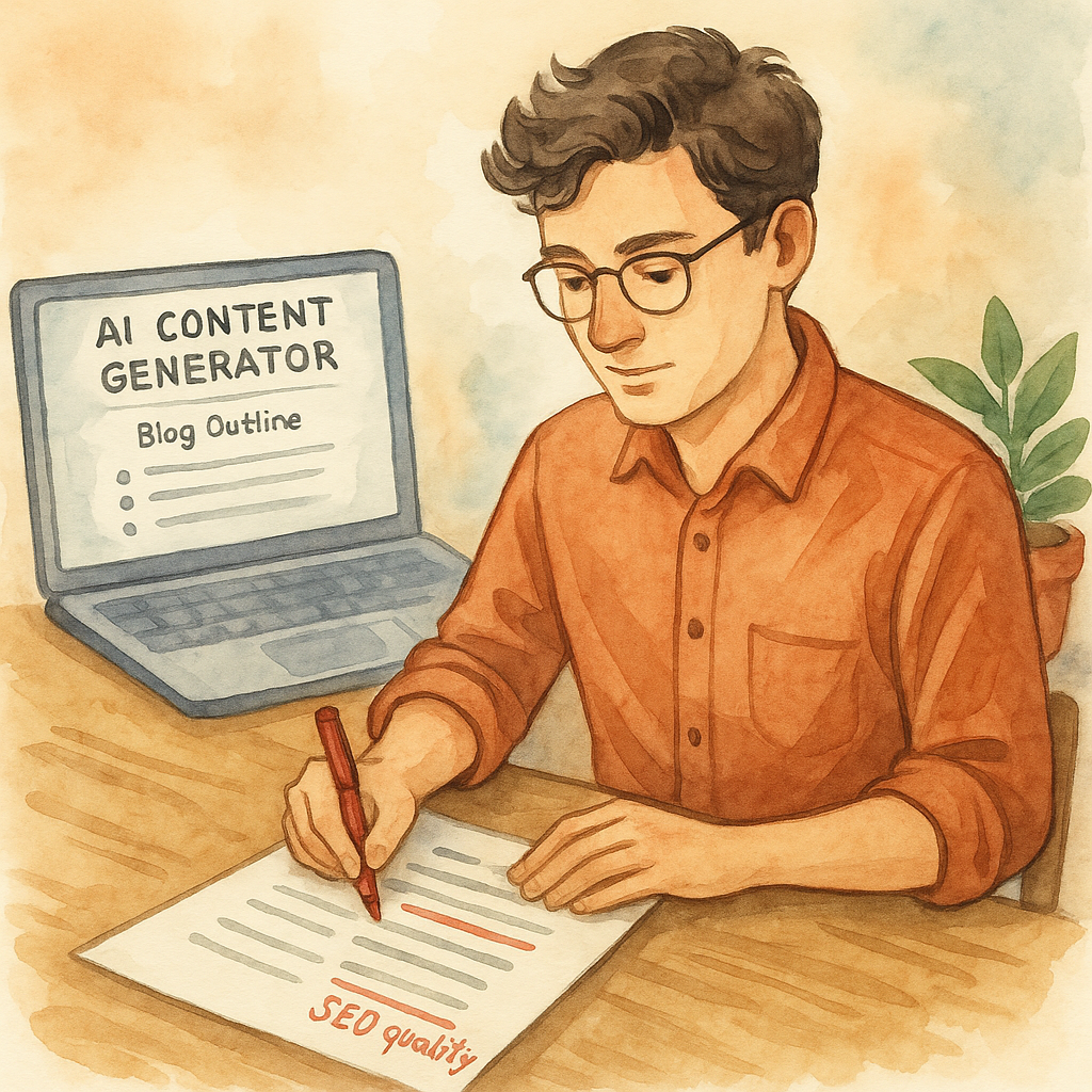 AI tools and human collaboration in blog content creation, showing a marketer reviewing AI-generated outlines. Alt: automated blog content generator with human editing for SEO quality.