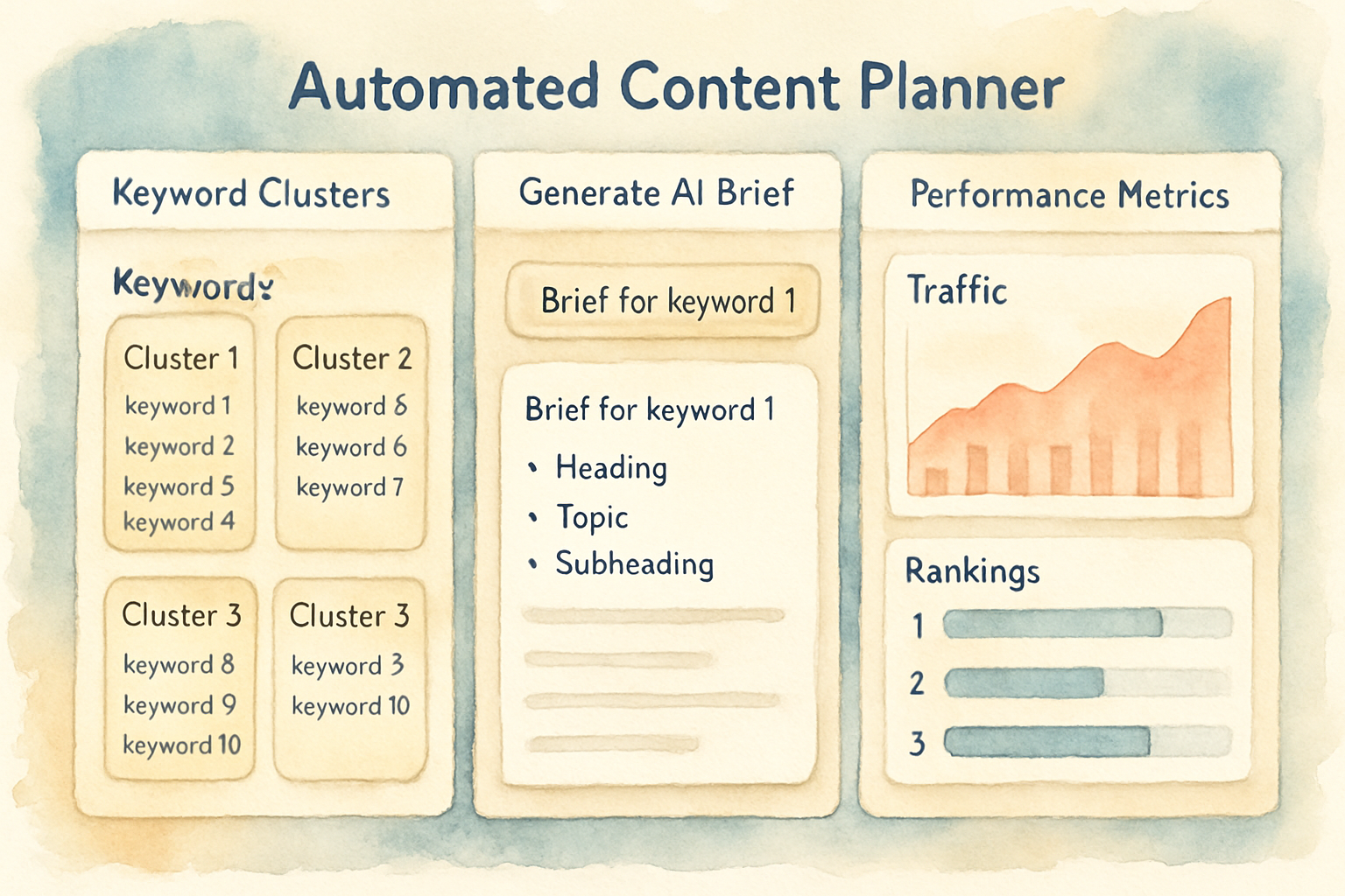Visualization of an automated content planner dashboard showing keyword clusters, AI brief generation, and performance metrics. Alt: Screenshot of an automated content planner for SEO dashboard with data-driven content recommendations.