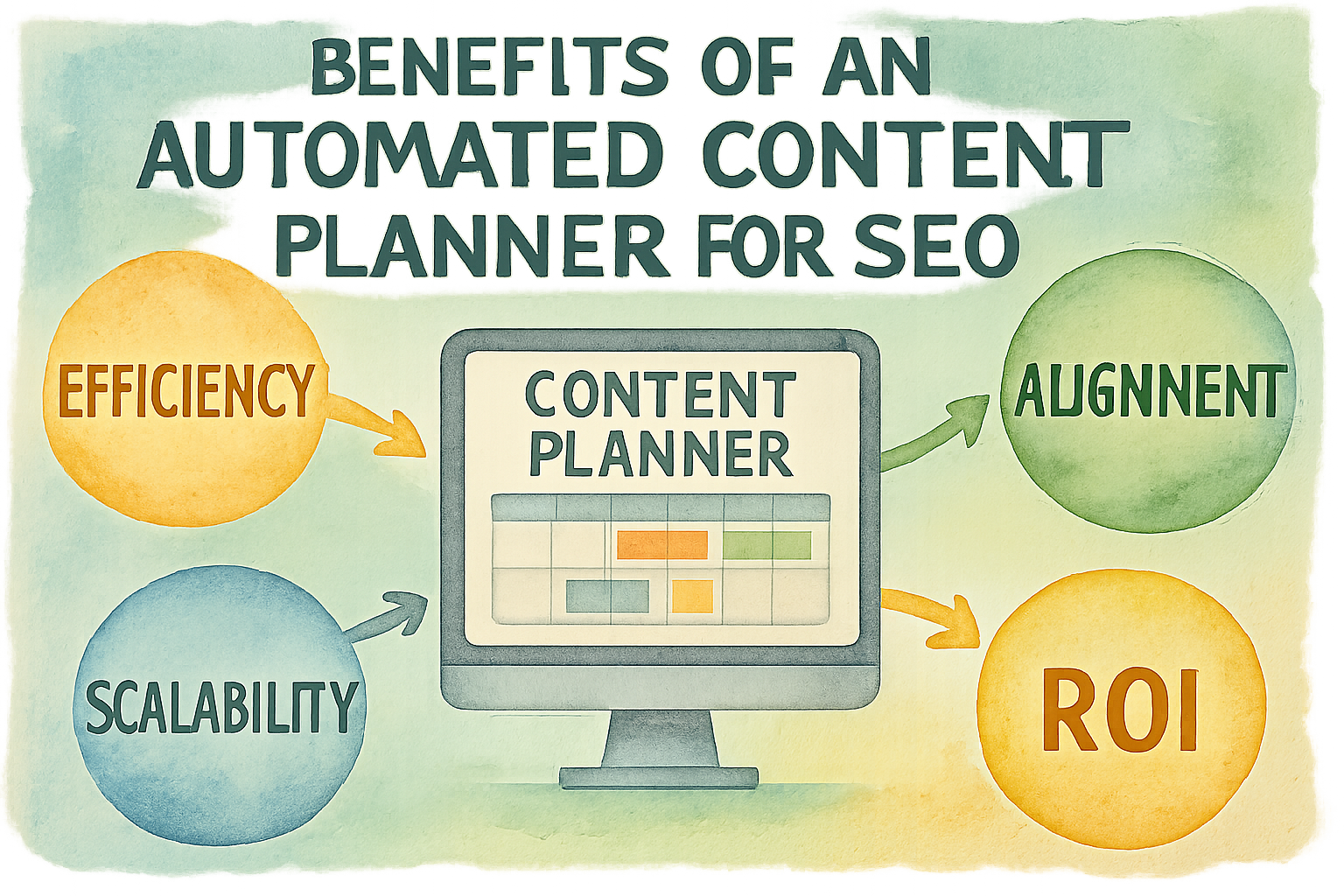 Infographic showing the benefits of using an automated content planner for SEO—highlighting efficiency, alignment, scalability, and ROI. Alt: Infographic illustrating advantages of automated content planners for SEO success.