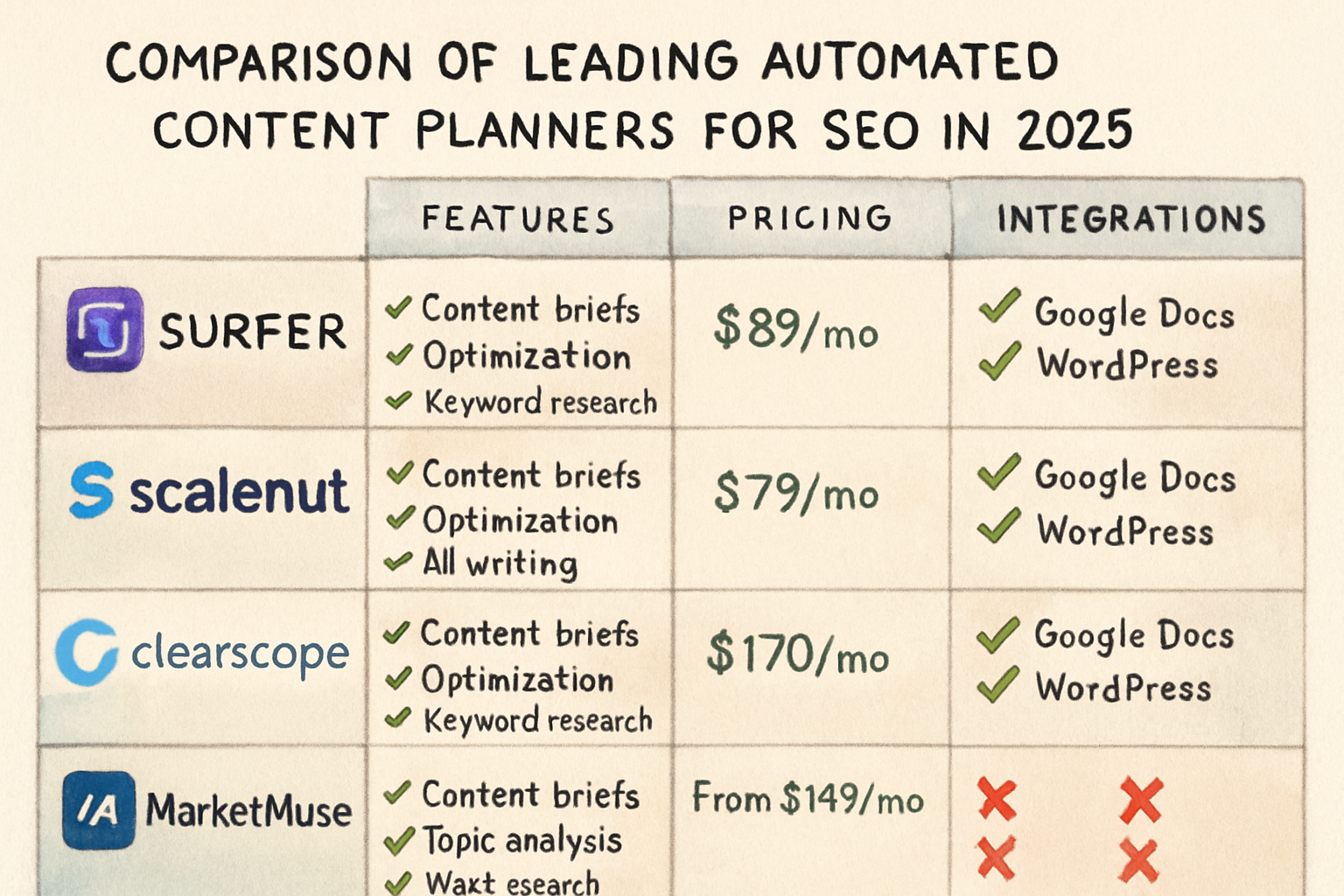 Comparison chart of top automated content planners for SEO showing features, pricing, and integrations. Alt: Comparison of leading automated content planners for SEO in 2025.