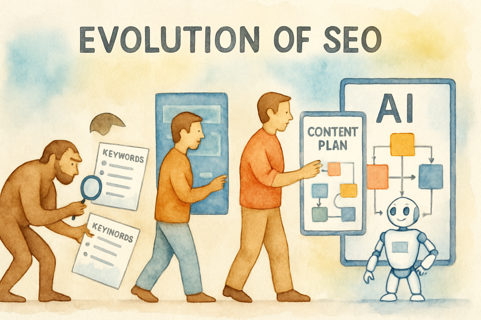 Illustration showing evolution of SEO from manual keyword targeting to AI-driven automated planning systems. Alt: Evolution of automated content planner for SEO in the AI era.