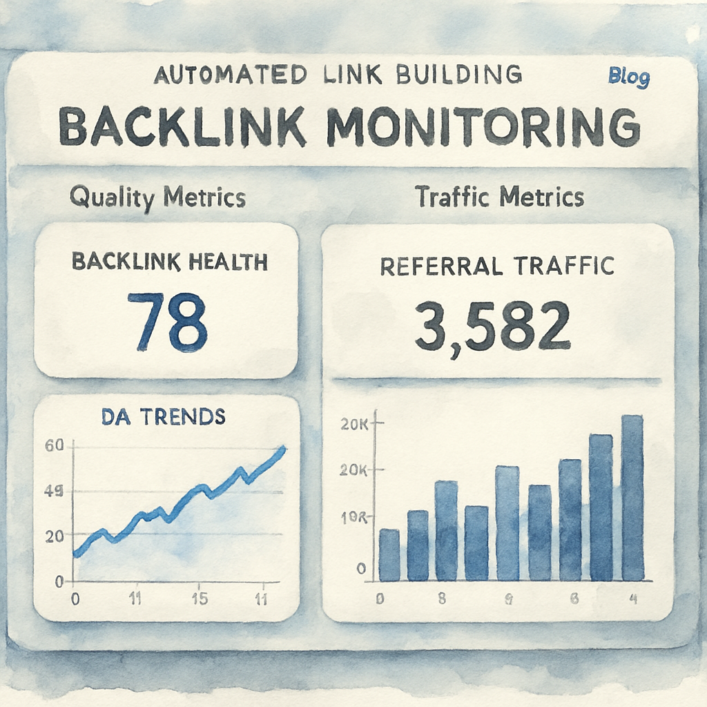 A sleek dashboard screen showing backlink health metrics, with graphs of DA trends and referral traffic. Alt: Automated link building service backlink monitoring dashboard showing quality and traffic metrics.
