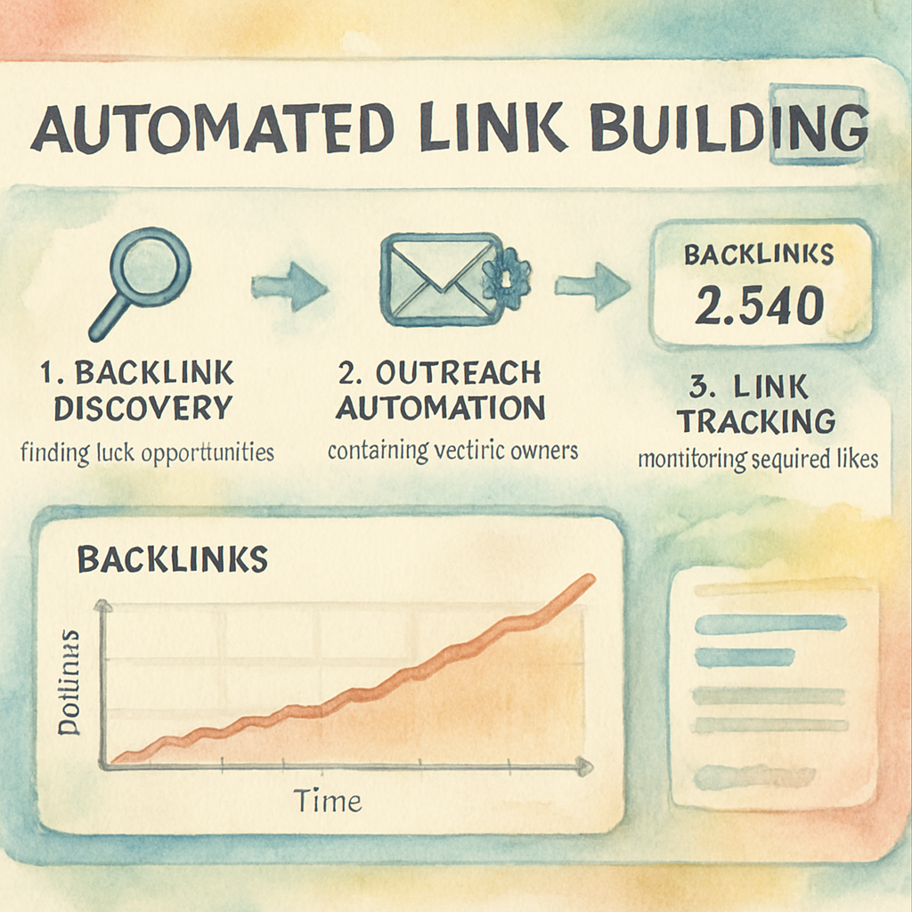 An AI-powered dashboard showing automated link-building process steps with backlink growth visualizations. Alt: Automated link building service dashboard displaying backlink discovery, outreach automation, and link tracking.