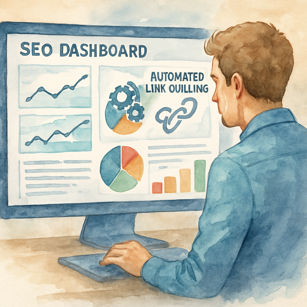 A digital marketer integrating an automated link building service into their SEO dashboard, showing graphs and backlink analytics. Alt: Automated link building service integration in SEO workflow with dashboard analytics.