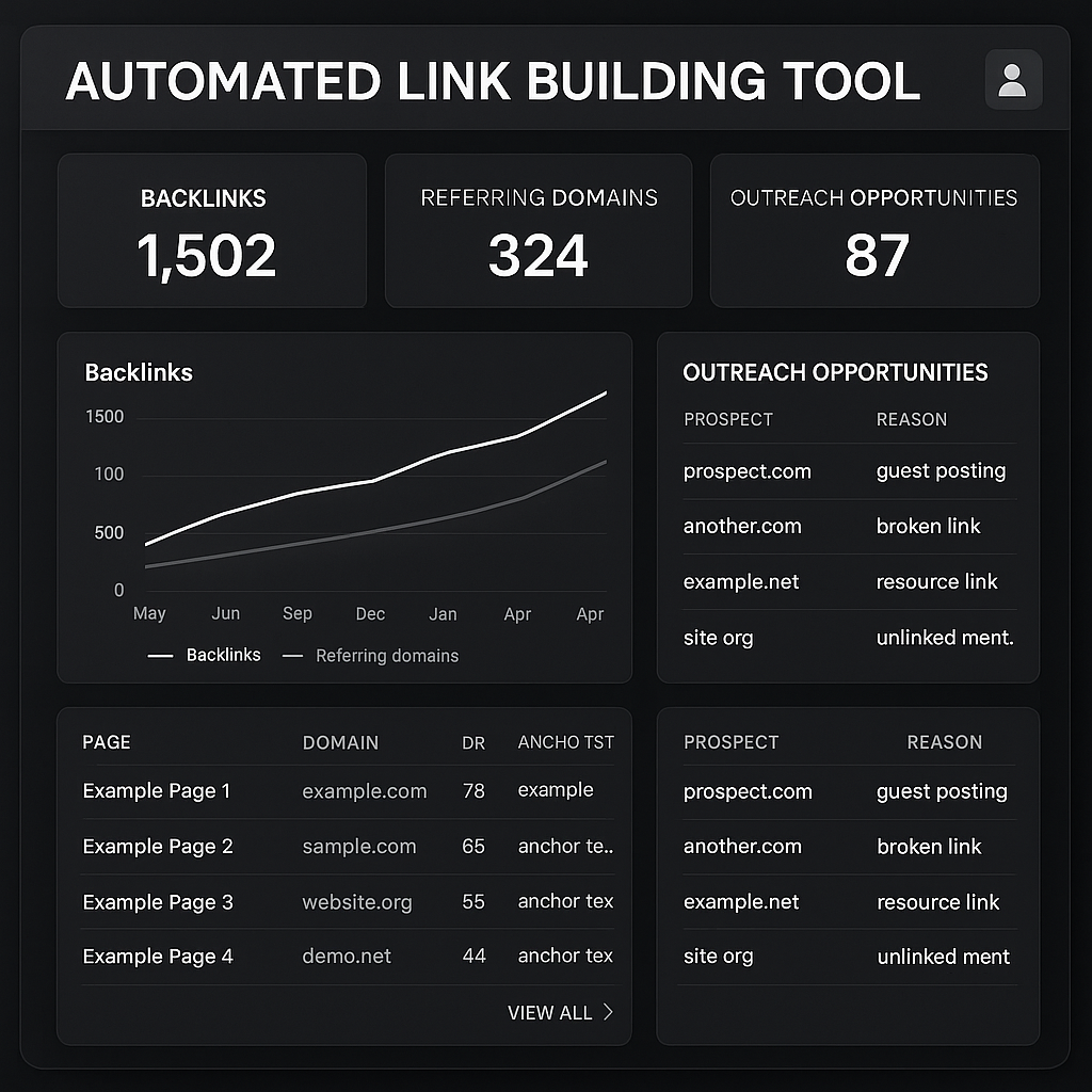 A sleek dashboard showing an automated link building tool analyzing backlinks and suggesting outreach opportunities. Alt: Automated link building tool dashboard overview