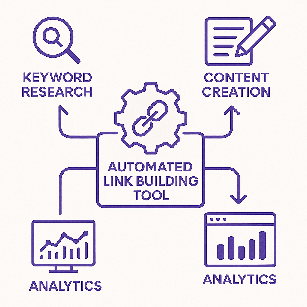 A workflow diagram showing an automated link building tool connected to keyword research, content creation, and analytics dashboards. Alt: Automated link building tool workflow integration