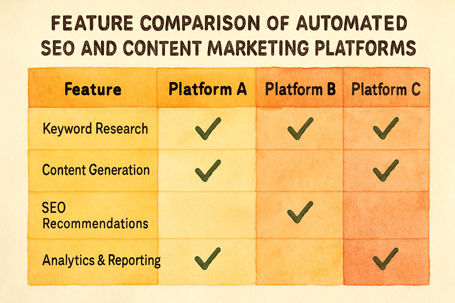 Comparison chart showing features of top automated SEO and content marketing platforms. Alt: Feature comparison table of automated seo and content marketing platform solutions.