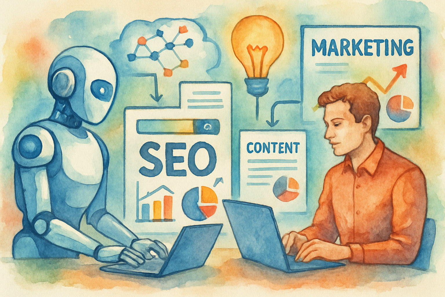 Futuristic depiction of AI and human collaboration in SEO and marketing strategies. Alt: Innovative automated seo and content marketing platform ecosystem powered by AI and human expertise.