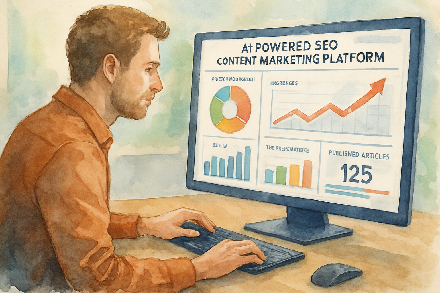 A marketer engaging with an AI-powered SEO and content marketing platform dashboard showing live analytics. Alt: User actively managing automated seo and content marketing platform for business growth.