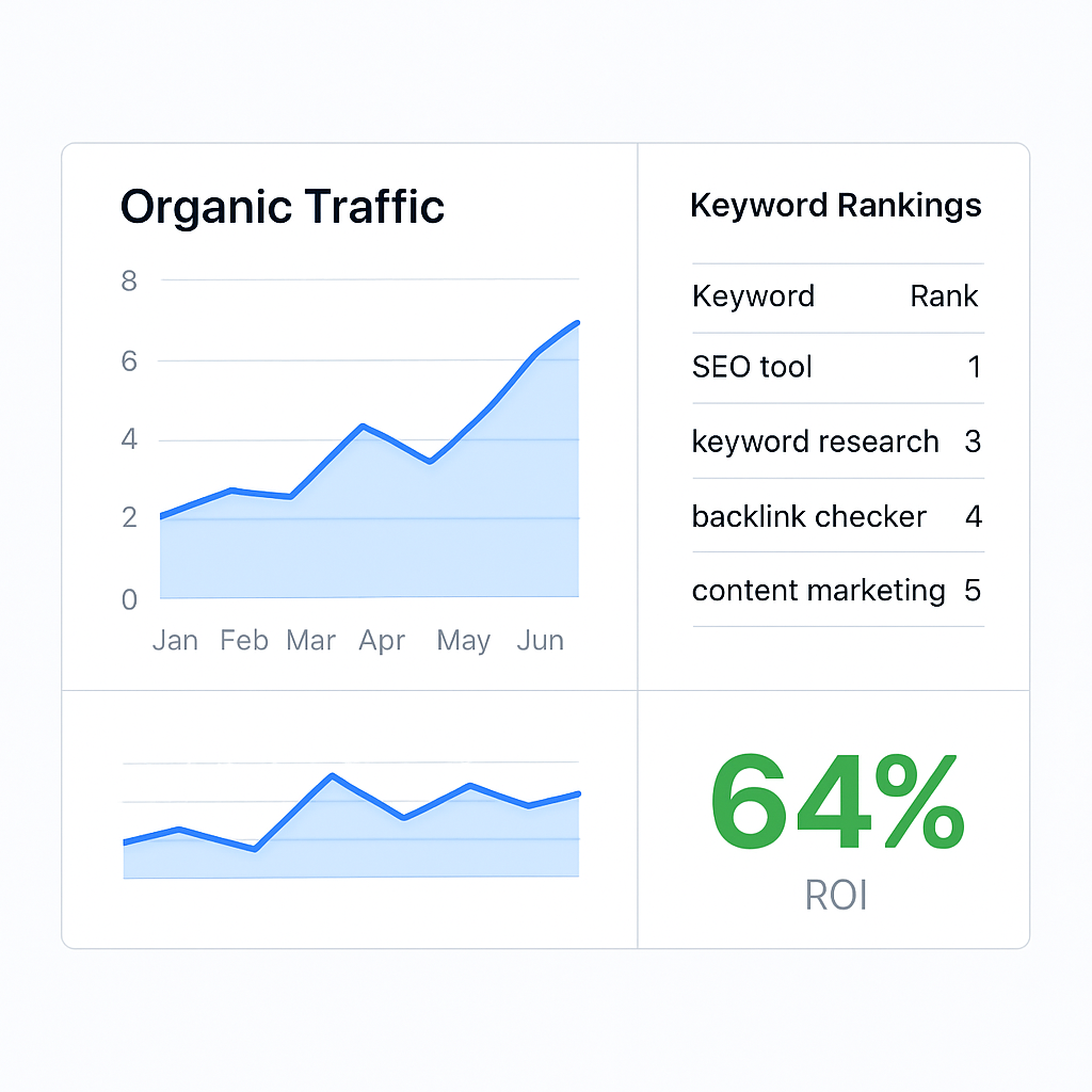 An analytics dashboard displaying a line chart of organic traffic, a table of keyword rankings, and a highlighted ROI percentage. Alt: Measuring ROI and performance of an automated SEO tool with visual metrics.