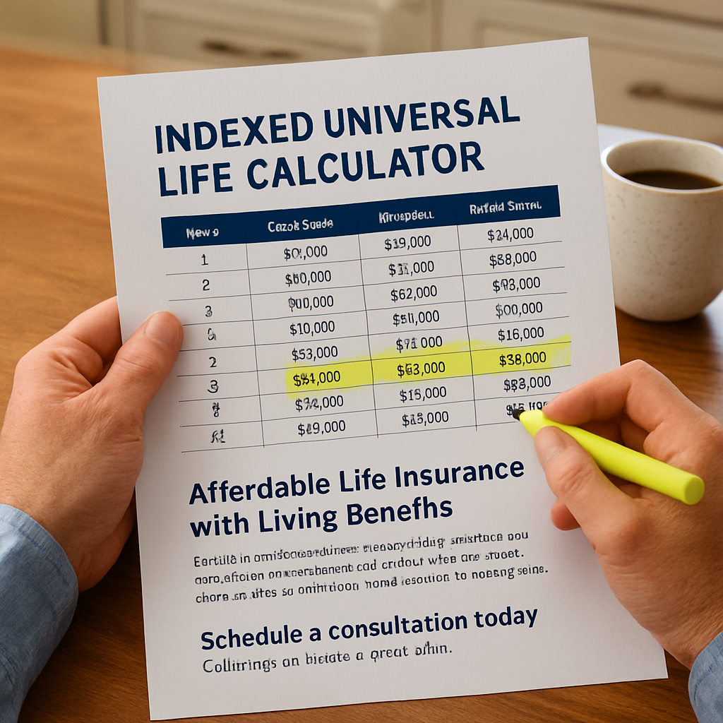 A person reviewing a printed indexed universal life calculator report at a kitchen table, highlighting cash‑value and premium columns. Alt: Indexed universal life calculator results review for retirement and mortgage planning