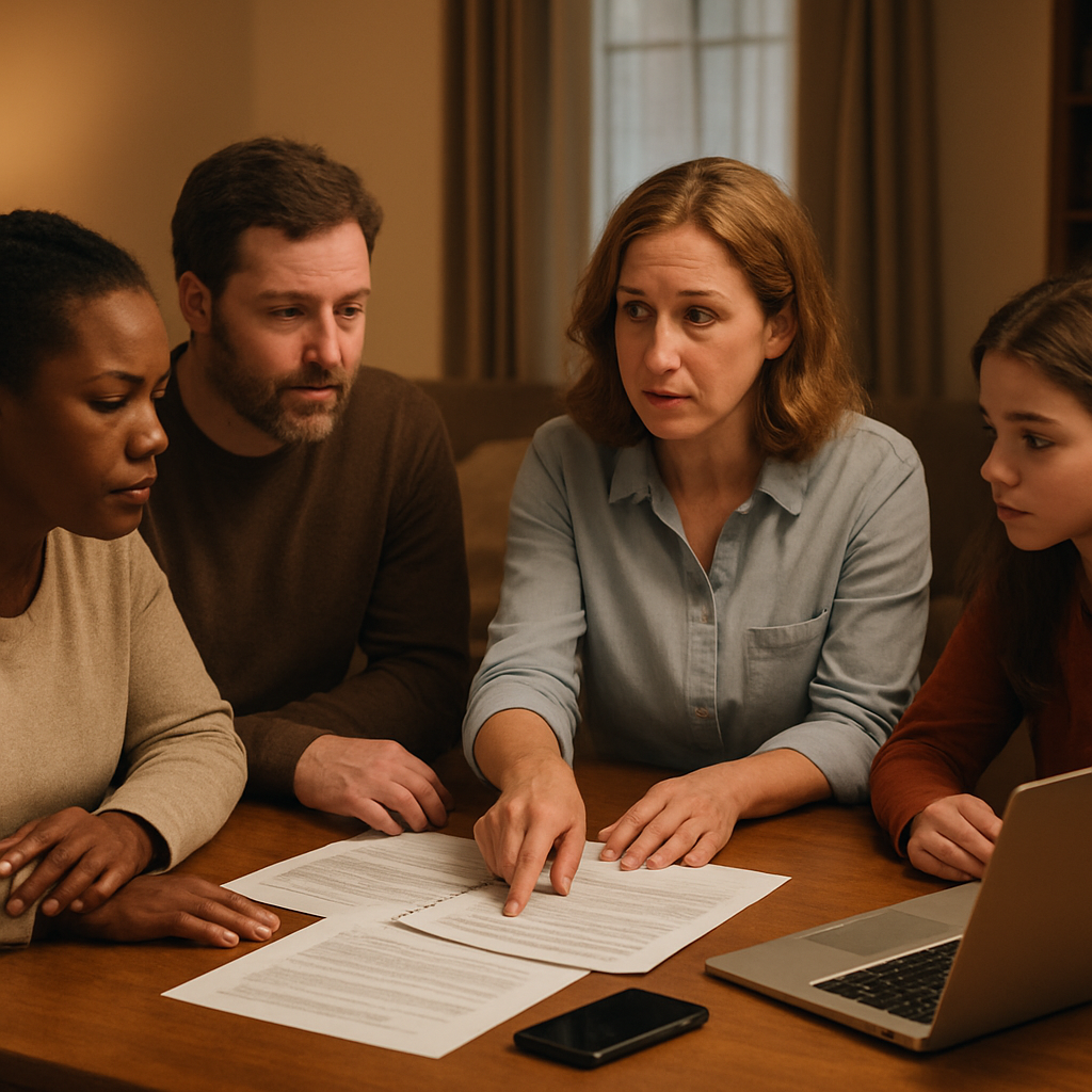 A warm, softly lit living room where a family sits around a table with papers, a laptop, and a phone, showing a collaborative planning session for an intervention. Alt: Intervention coordinator planning meeting with family members