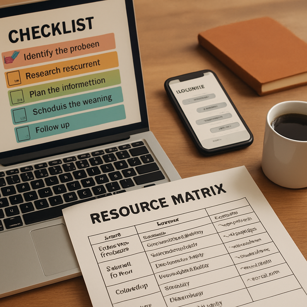 A warm, organized home office desk with a laptop open to a color‑coded checklist, a phone displaying a group chat, and a printed resource matrix beside a cup of coffee. Alt: intervention coordinator using digital tools and printed resources to plan an addiction intervention.