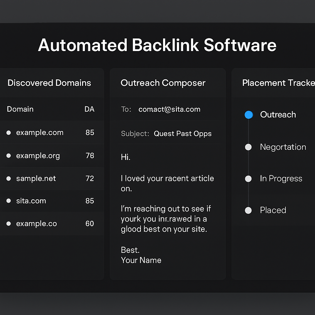 A sleek dashboard screen showing a list of discovered domains, auto‑generated email drafts, and real‑time placement status. Alt: Automated backlink software dashboard with domain discovery, outreach composer, and placement tracker visuals.
