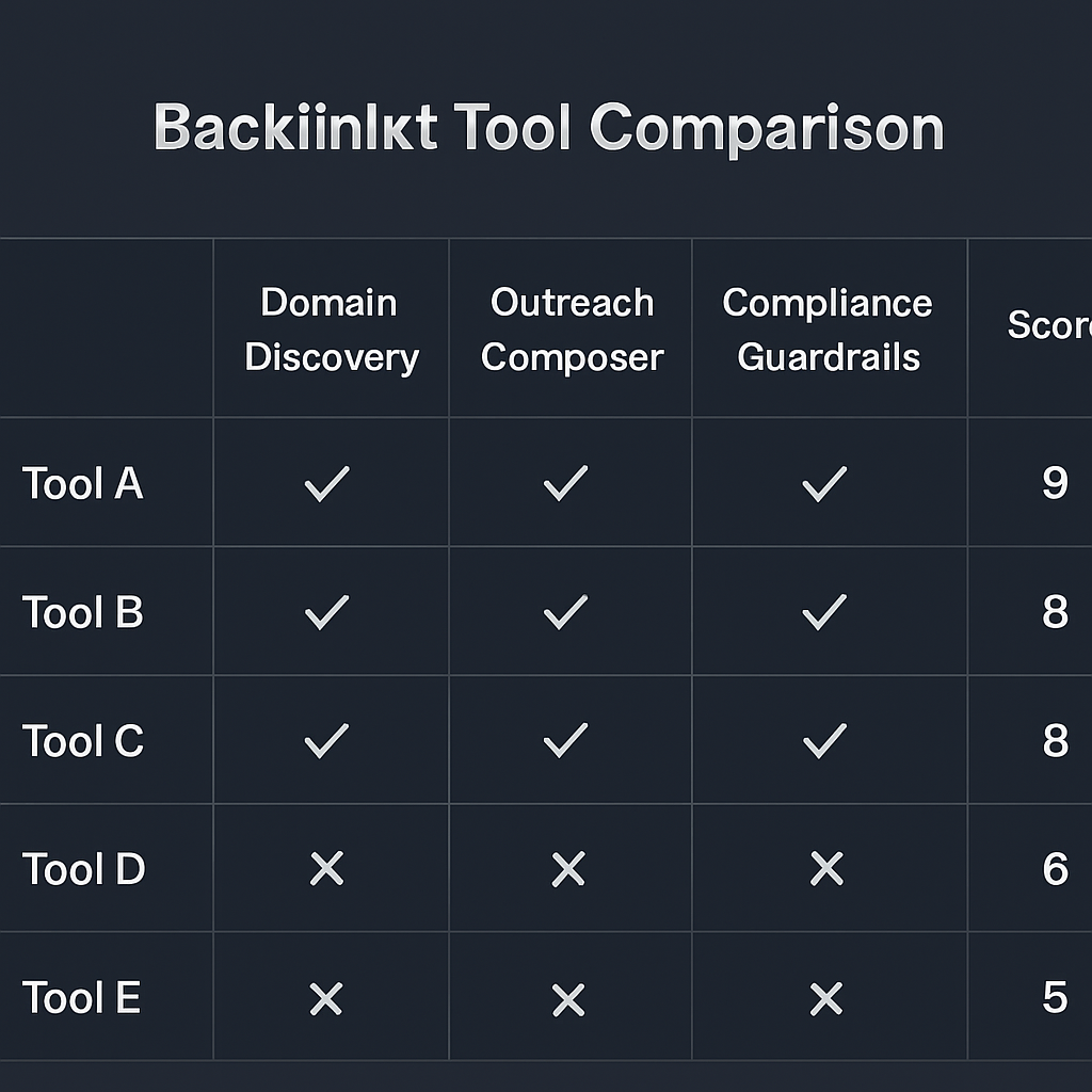 A sleek dashboard showing a comparison table of backlink tools, with columns for domain discovery, outreach composer, compliance guardrails, and a highlighted “score” column. Alt: Comparison table of automated backlink software features.