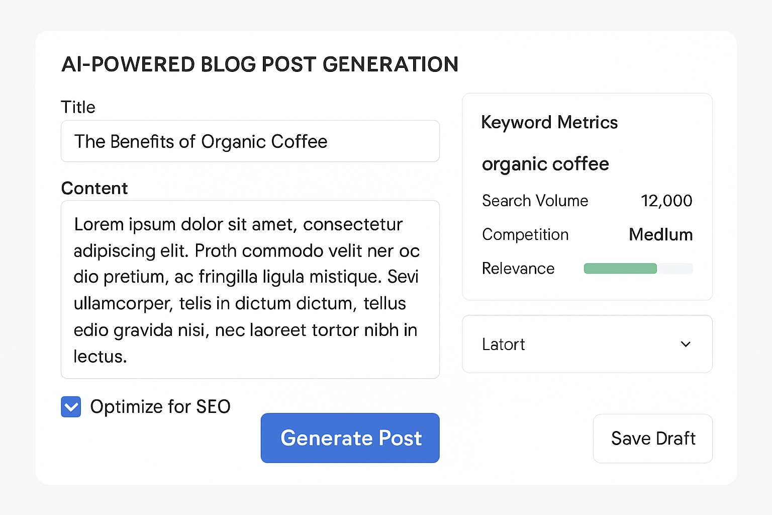 AI-powered blog post generation software dashboard with keyword metrics. Alt: automated blog posting with AI SEO dashboard interface for optimization.
