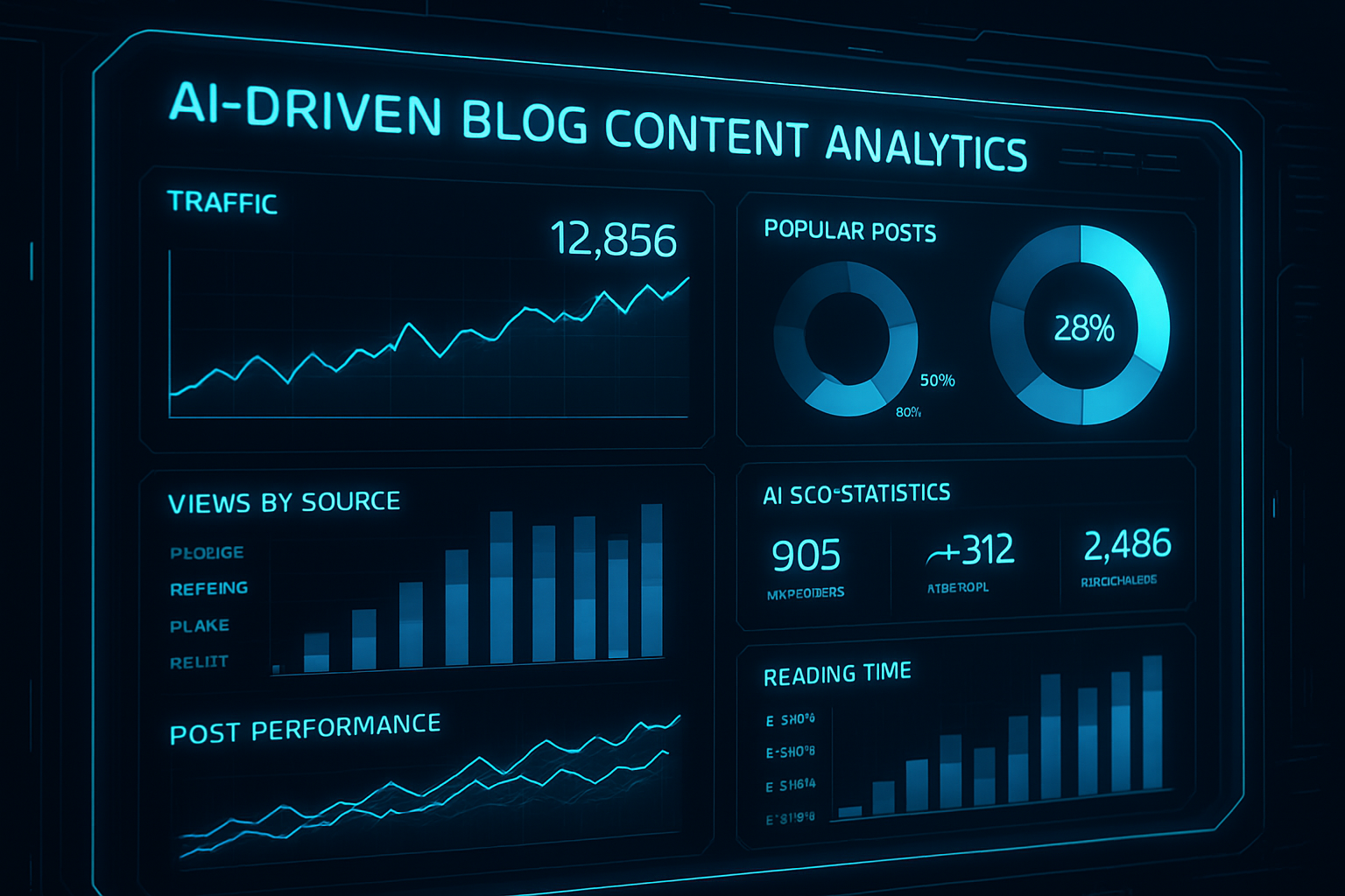 Futuristic dashboard showing AI-driven blog content analytics in real time. Alt: future of automated blog posting with ai seo powered analytics.