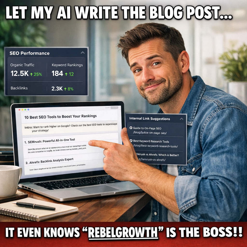 A photorealistic office scene showing a digital marketer reviewing AI‑generated blog drafts on a laptop, with a sleek dashboard displaying SEO metrics and a sidebar suggesting internal links. Realism style, bright natural lighting, modern workspace vibe. Alt: Automated blog writing platform dashboard and workflow.