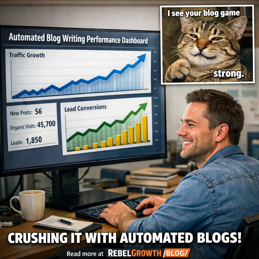 A photorealistic meme‑style image showing a marketer sitting at a desk, smiling at a large screen displaying a performance dashboard with upward‑trending graphs for automated blog writing, a humorous cat meme overlay in the corner. Alt: Automated blog writing performance monitoring dashboard meme.