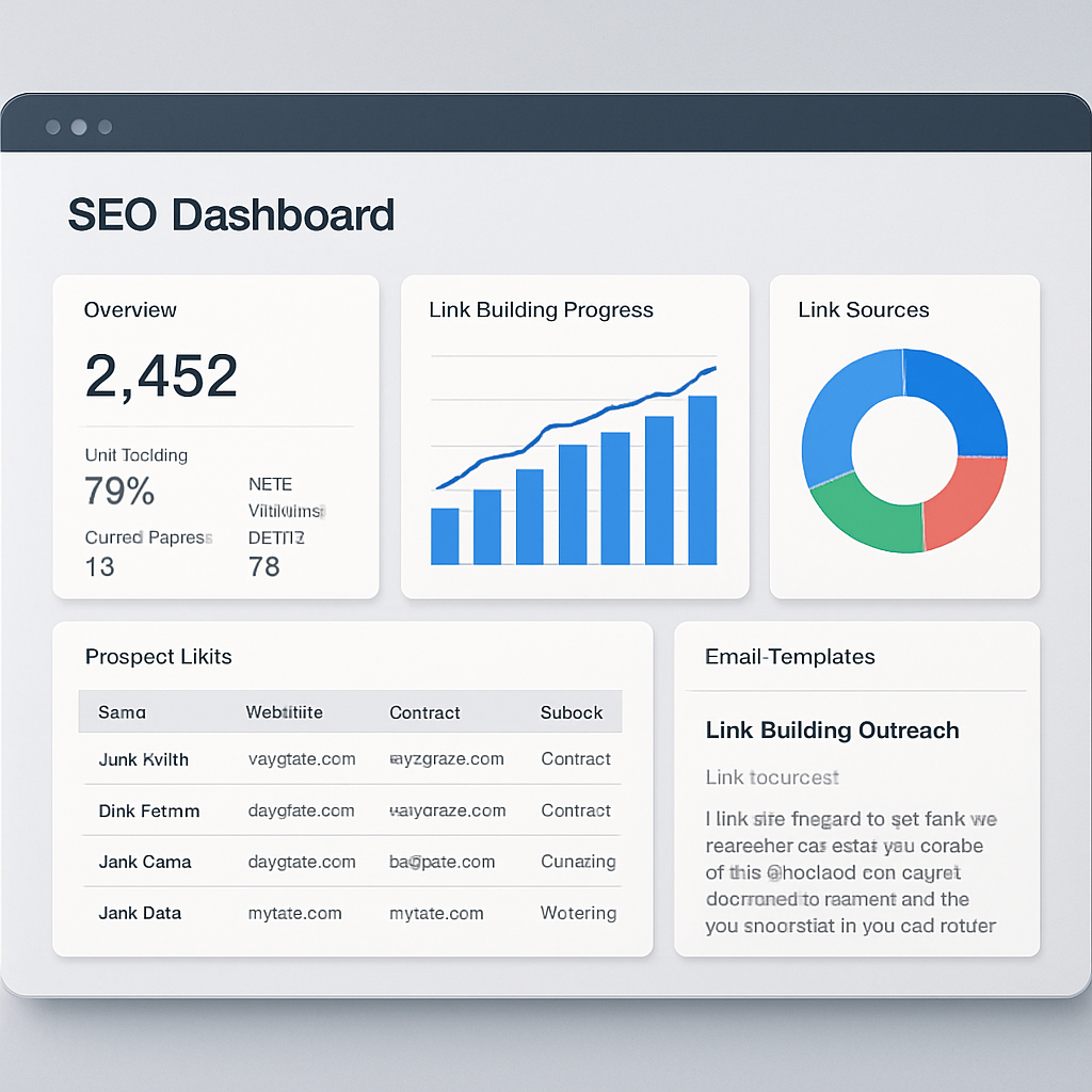 An AI‑generated illustration of a modern SEO dashboard with charts, prospect lists, and email templates, showing a streamlined workflow for automated link building. Alt: Automated link building software dashboard overview