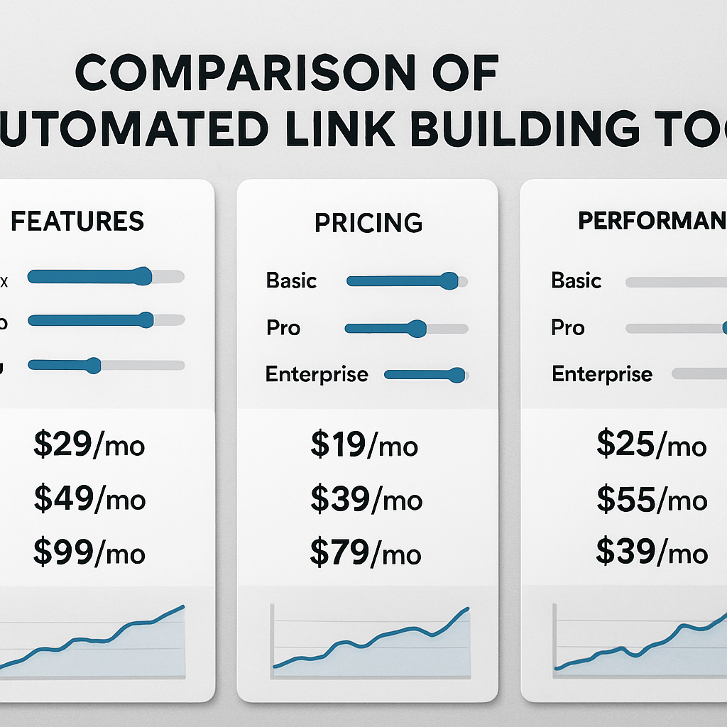 An illustration of a side‑by‑side dashboard comparison showing feature sliders, pricing tiers, and performance graphs for different automated link building tools. Alt: Comparison of automated link building software features, pricing, and performance.
