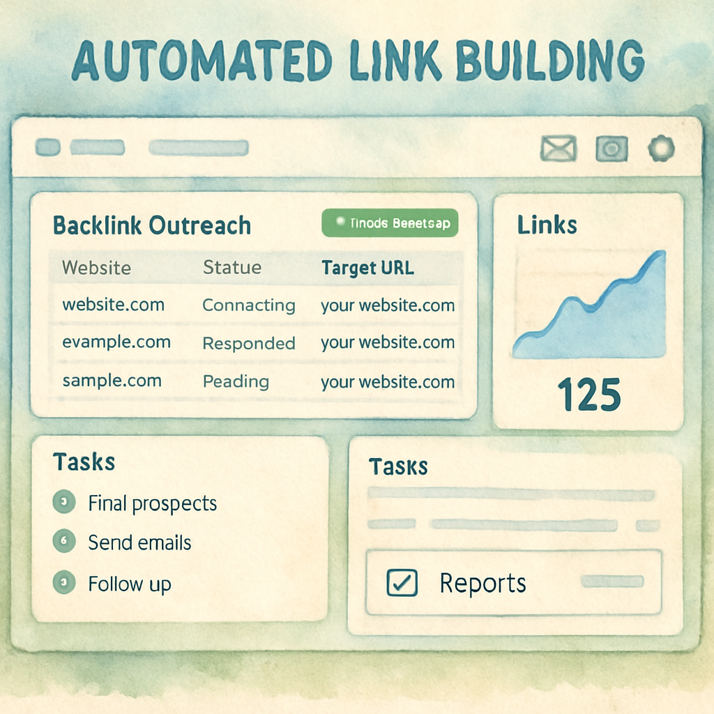 Illustration showing a user-friendly dashboard of automated link building software coordinating backlink outreach and tracking. Alt: A screenshot-like graphic depicting the workflow and features of automated link building software.