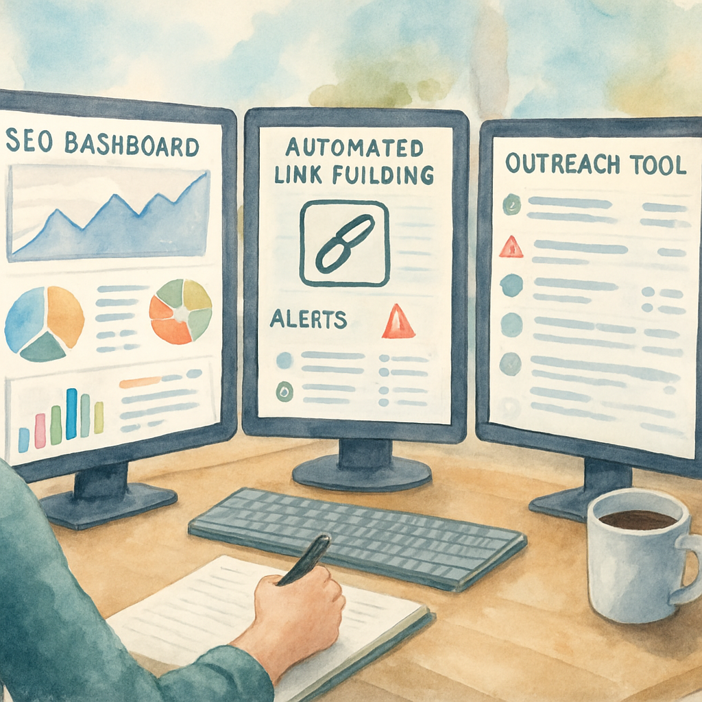 A digital workspace showing a marketer integrating automated link building software into their SEO workflow with dashboards, alerts, and outreach tools visible. Alt: Seamless integration of automated link building software into SEO workflow for improved backlink management.