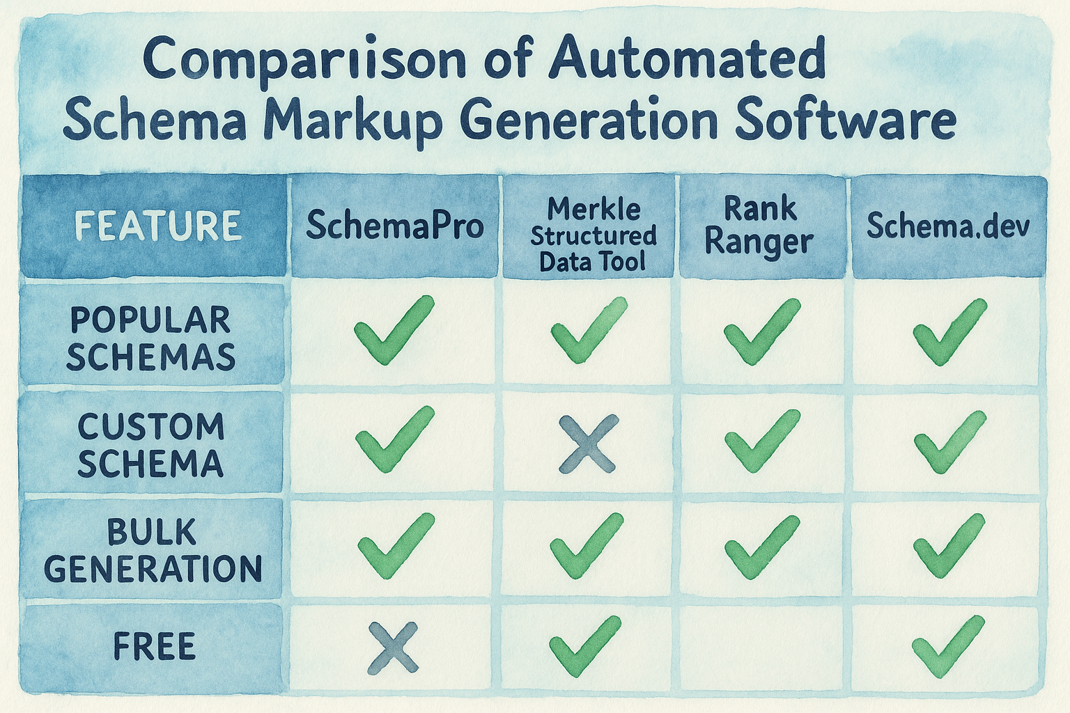 Comparative chart showing features of top automated schema markup generation tools. Alt: Comparison of automated schema markup generation software options.