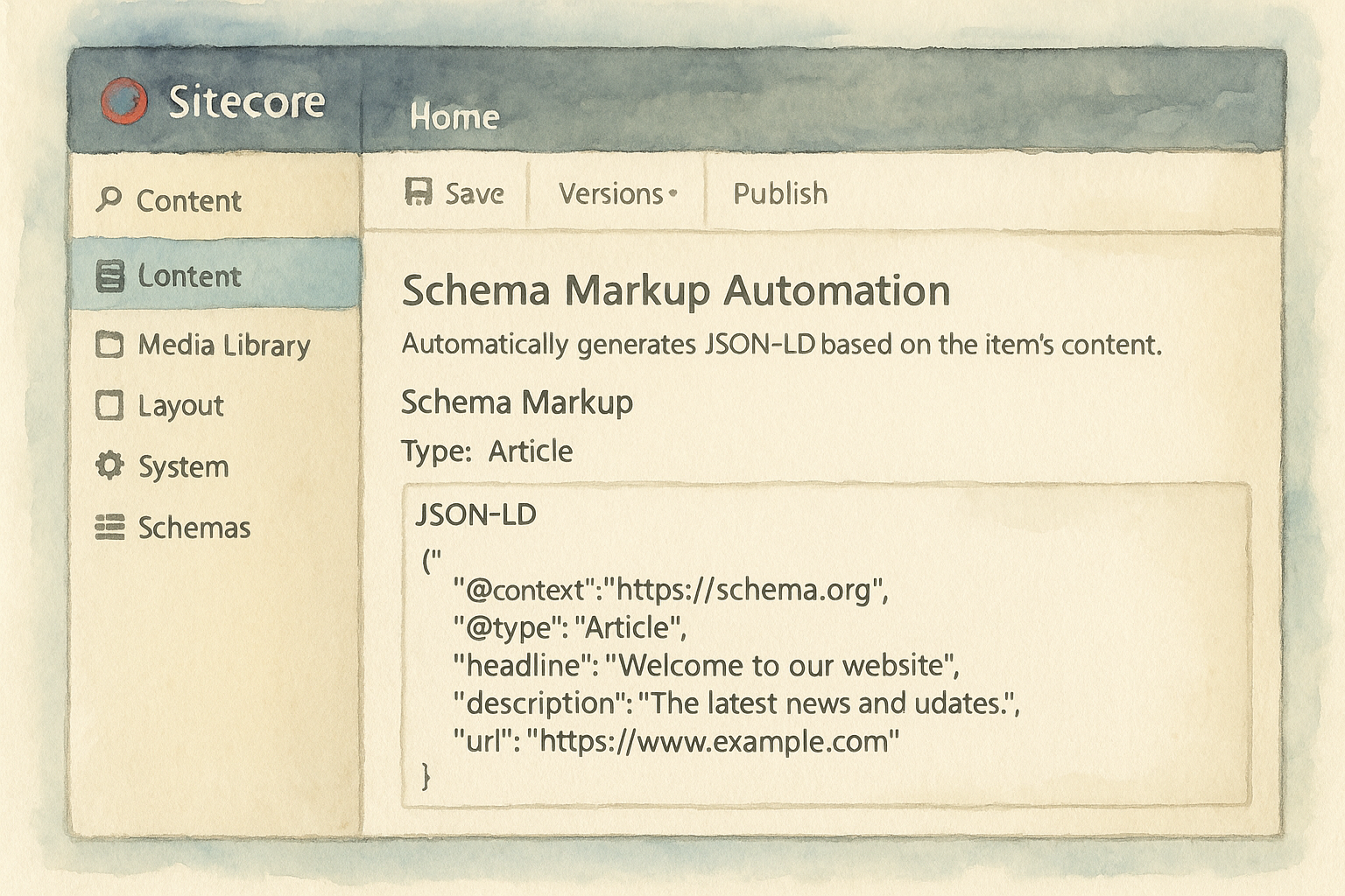 Screenshot of Sitecore CMS interface showing schema markup automation plugin in action. Alt: Automated schema markup generation integrated within Sitecore CMS.