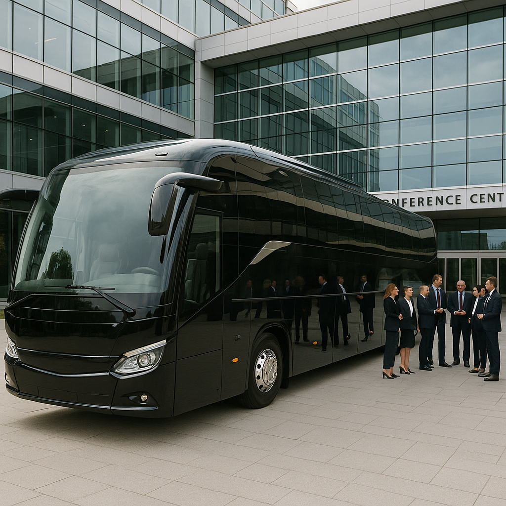A sleek luxury coach parked outside a modern corporate conference center in Madrid. Alt: Bus rental Madrid for company retreats luxury coach with executive passengers.