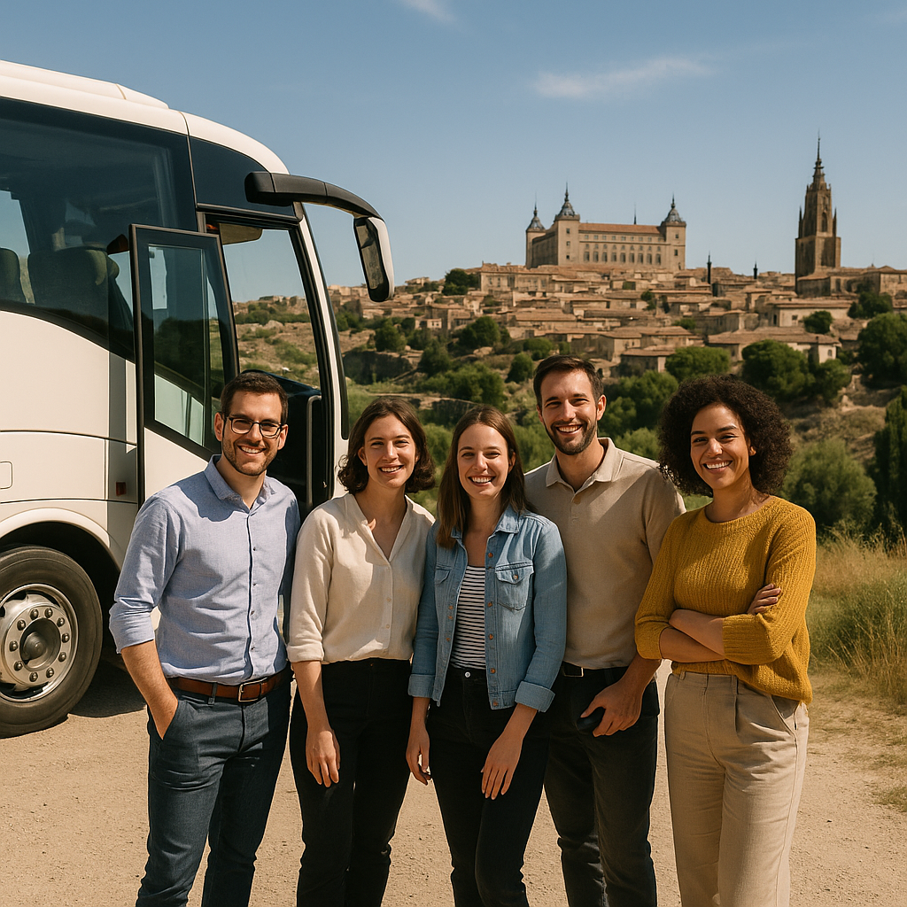 A group of colleagues enjoying a sunny day trip outside Toledo, Spain, with their rental bus parked nearby. Alt: Bus rental Madrid for company retreats at a cultural excursion site.